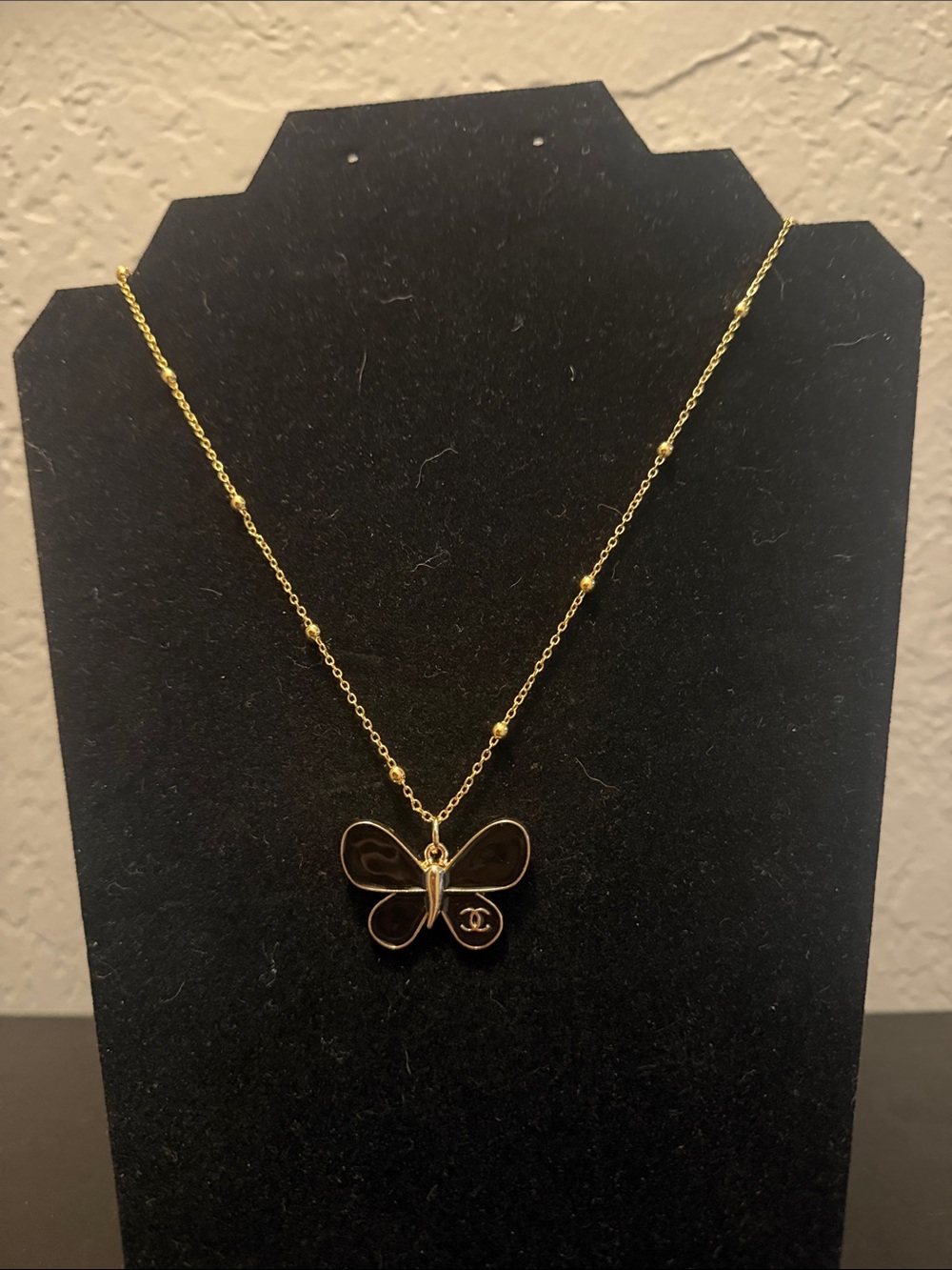 Inspired Gold Butterfly Pendant Necklace - Black Enamel
